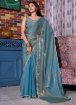 Sattin Silk Sky Blue Party Wear Hand Work Saree